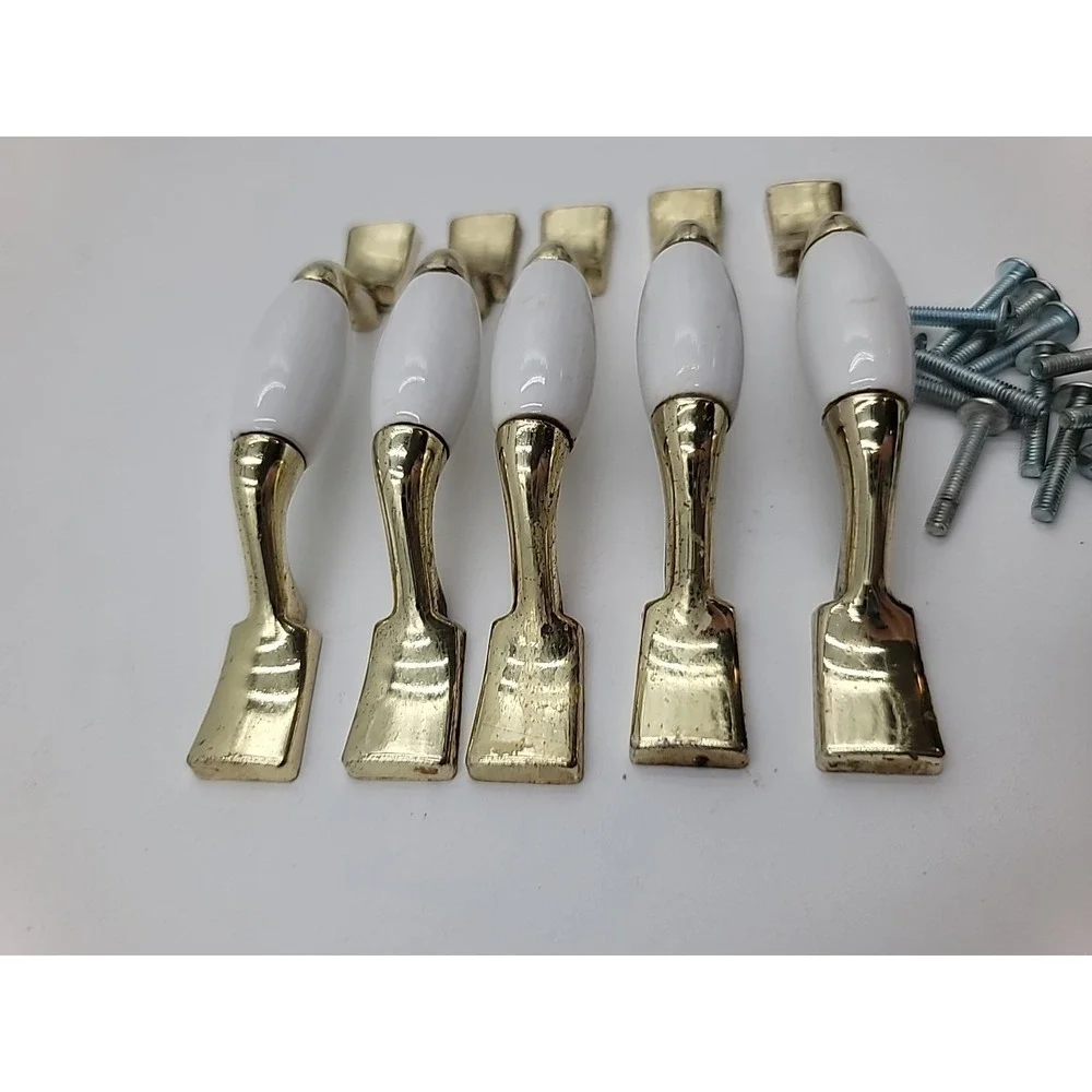 5 VTG Brass Gold Metal & Porcelain Drawer Pulls Cabinet‎ Handles Square White 3